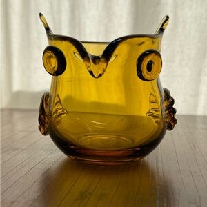 Vintage Mid-Century Hand Blown Glass Owl Vase, Votive Holder, Creamer -Amber